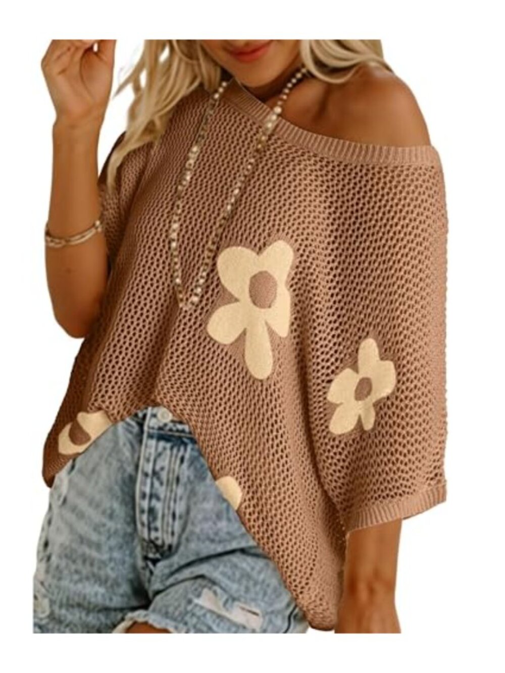 Crochet Flower Knit Top Short Sleeve Hollow Out Sweater Swim Coverup